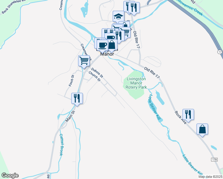 map of restaurants, bars, coffee shops, grocery stores, and more near 48 Dubois Street in Livingston Manor