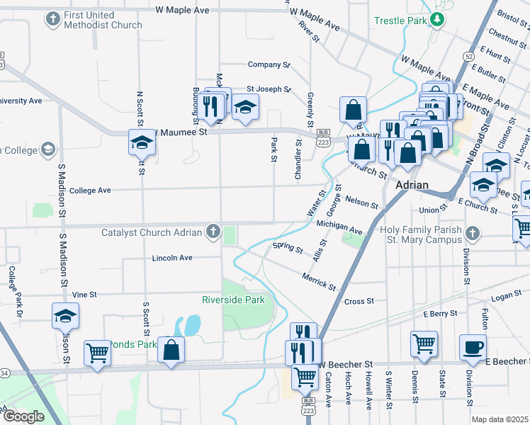 map of restaurants, bars, coffee shops, grocery stores, and more near 728 Michigan Avenue in Adrian