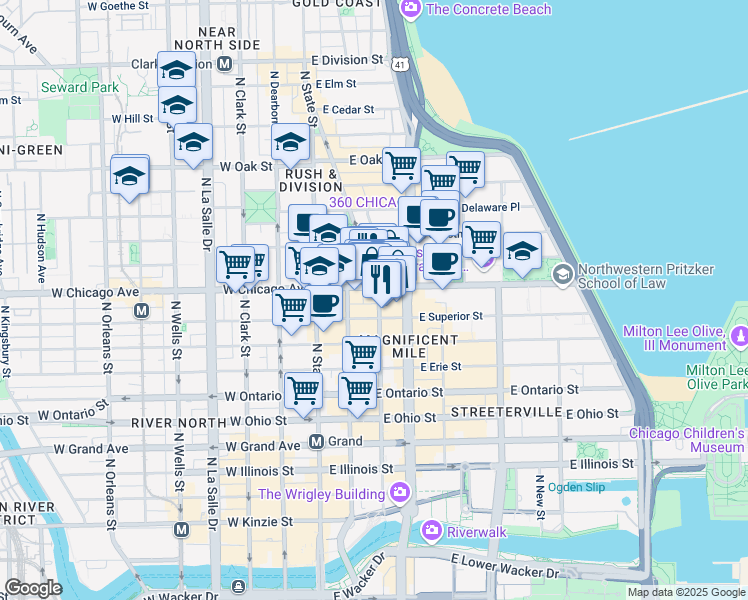 map of restaurants, bars, coffee shops, grocery stores, and more near 101 East Chicago Avenue in Chicago