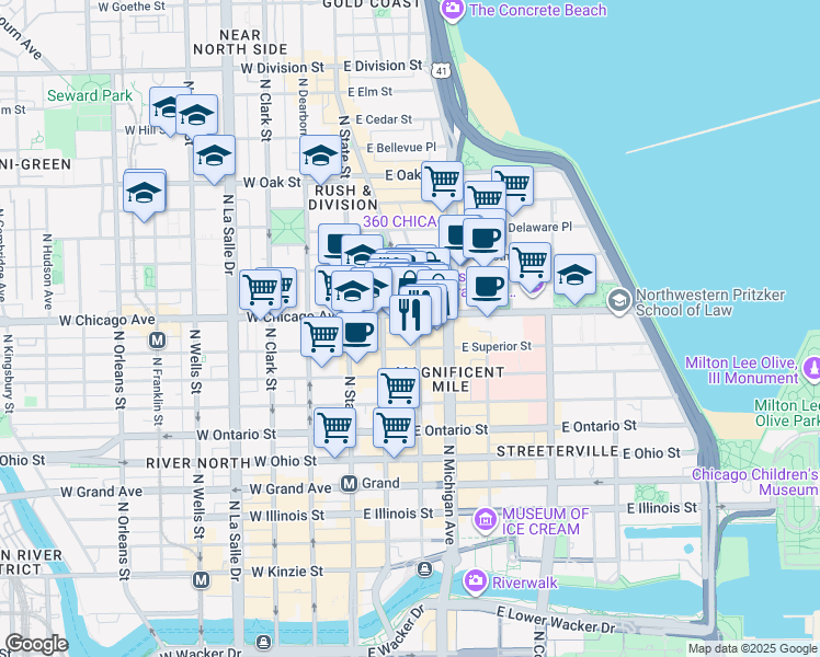 map of restaurants, bars, coffee shops, grocery stores, and more near in Chicago