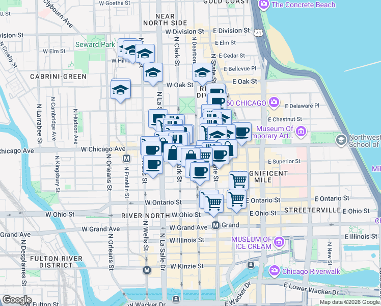 map of restaurants, bars, coffee shops, grocery stores, and more near 754 North Dearborn Street in Chicago