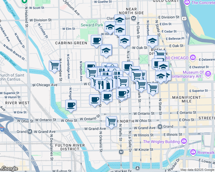 map of restaurants, bars, coffee shops, grocery stores, and more near 324 West Chicago Avenue in Chicago
