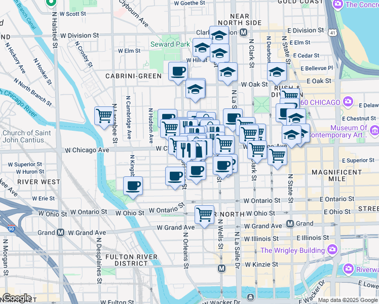 map of restaurants, bars, coffee shops, grocery stores, and more near 324 West Chicago Avenue in Chicago
