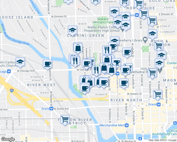 map of restaurants, bars, coffee shops, grocery stores, and more near in Chicago