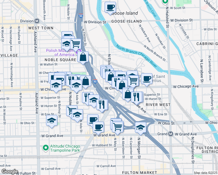 map of restaurants, bars, coffee shops, grocery stores, and more near 1148 West Chicago Avenue in Chicago