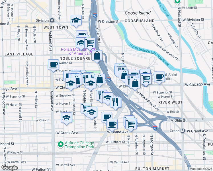 map of restaurants, bars, coffee shops, grocery stores, and more near 1234 West Chicago Avenue in Chicago
