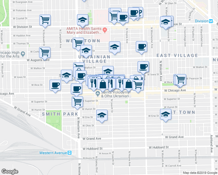 map of restaurants, bars, coffee shops, grocery stores, and more near in Chicago