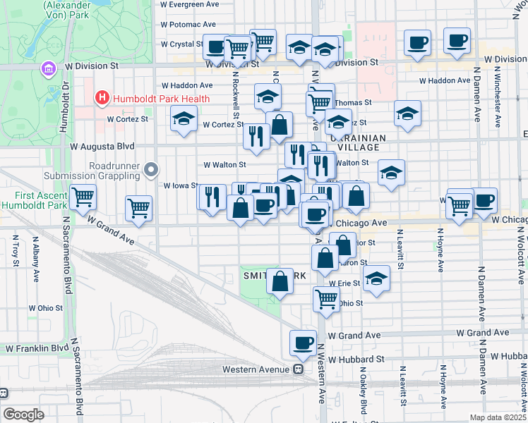 map of restaurants, bars, coffee shops, grocery stores, and more near 825 North Maplewood Avenue in Chicago