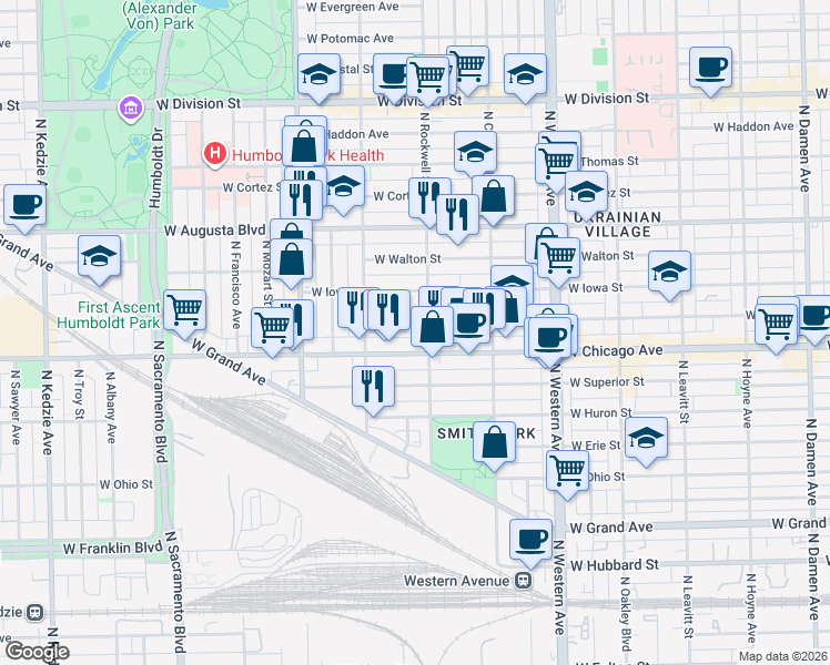 map of restaurants, bars, coffee shops, grocery stores, and more near 2629 West Rice Street in Chicago