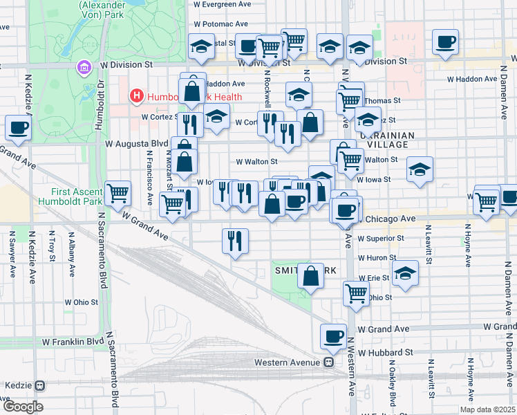 map of restaurants, bars, coffee shops, grocery stores, and more near 2629 West Rice Street in Chicago