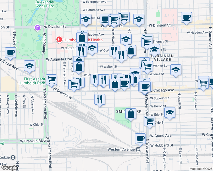map of restaurants, bars, coffee shops, grocery stores, and more near 2629 West Rice Street in Chicago