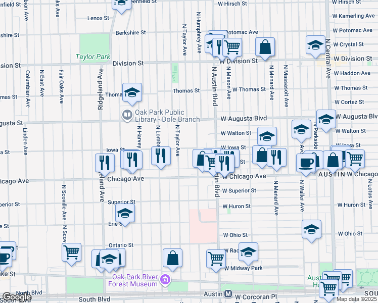 map of restaurants, bars, coffee shops, grocery stores, and more near 601 North Humphrey Avenue in Oak Park
