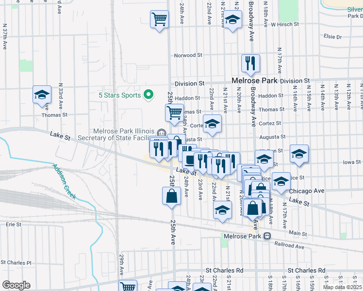 map of restaurants, bars, coffee shops, grocery stores, and more near 1015 North 24th Avenue in Melrose Park