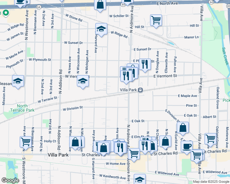 map of restaurants, bars, coffee shops, grocery stores, and more near 52 West Terrace Street in Villa Park