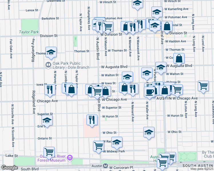 map of restaurants, bars, coffee shops, grocery stores, and more near 5939 West Iowa Street in Chicago