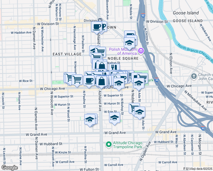 map of restaurants, bars, coffee shops, grocery stores, and more near 1522 West Chicago Avenue in Chicago