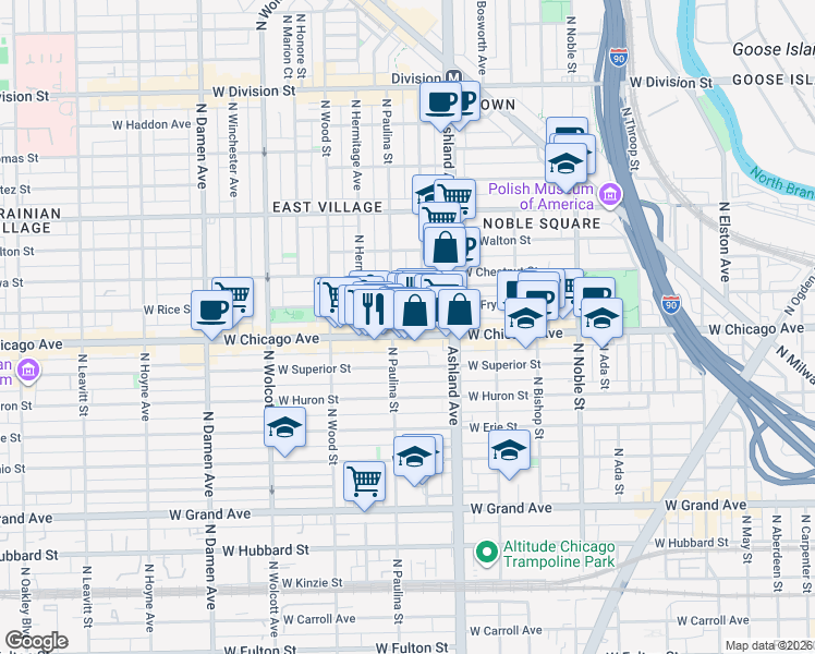 map of restaurants, bars, coffee shops, grocery stores, and more near in Chicago