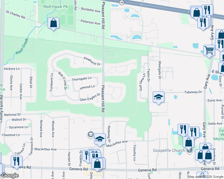 map of restaurants, bars, coffee shops, grocery stores, and more near 26W177 Houghton Lane in Winfield