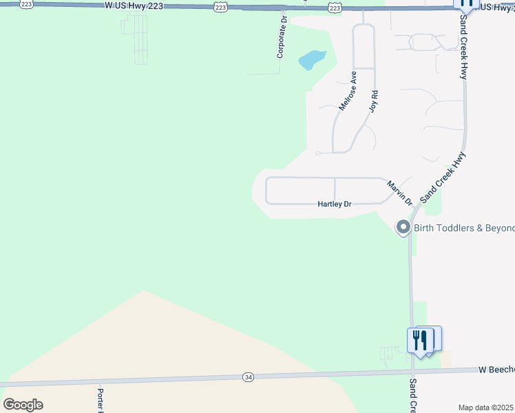 map of restaurants, bars, coffee shops, grocery stores, and more near 1554 Woodview Drive in Adrian
