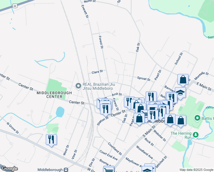 map of restaurants, bars, coffee shops, grocery stores, and more near 30 Forest Street in Middleborough