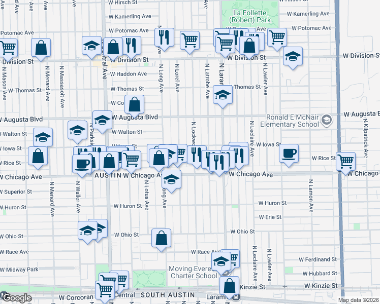 map of restaurants, bars, coffee shops, grocery stores, and more near 853 North Lorel Avenue in Chicago