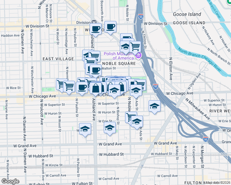 map of restaurants, bars, coffee shops, grocery stores, and more near 1446 West Chicago Avenue in Chicago
