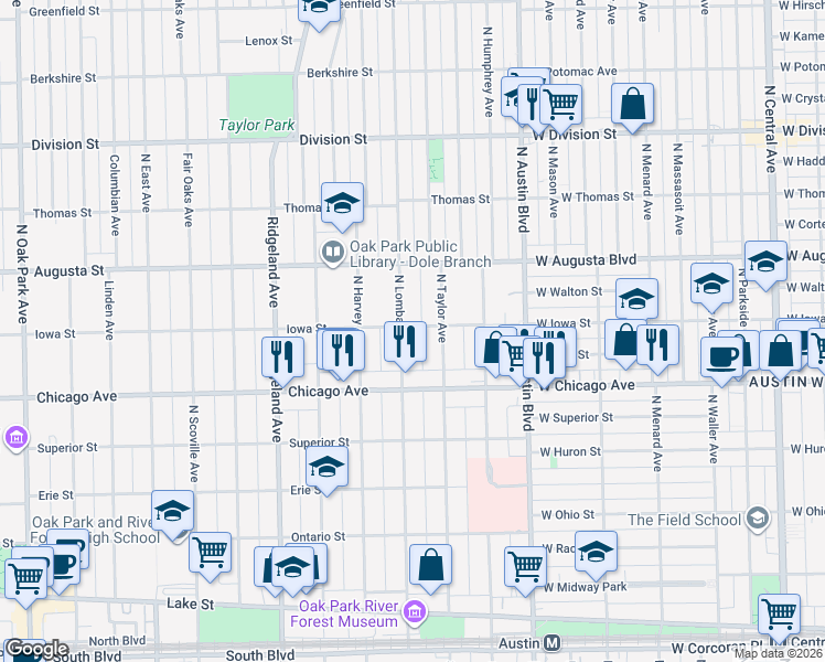 map of restaurants, bars, coffee shops, grocery stores, and more near 600 North Lombard Avenue in Oak Park