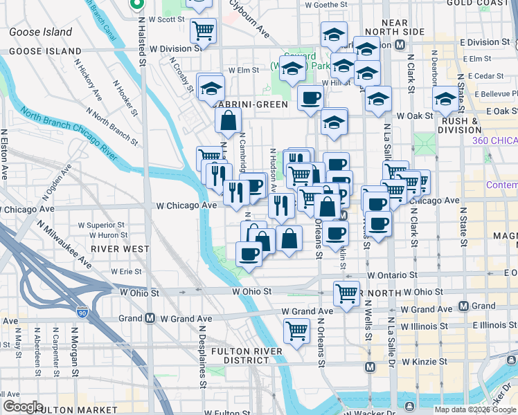 map of restaurants, bars, coffee shops, grocery stores, and more near in Chicago