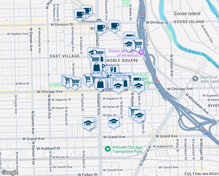 map of restaurants, bars, coffee shops, grocery stores, and more near 1520 West Chicago Avenue in Chicago