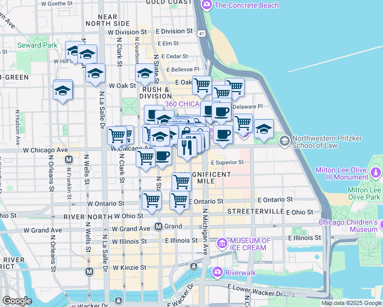 map of restaurants, bars, coffee shops, grocery stores, and more near 751 North Rush Street in Chicago