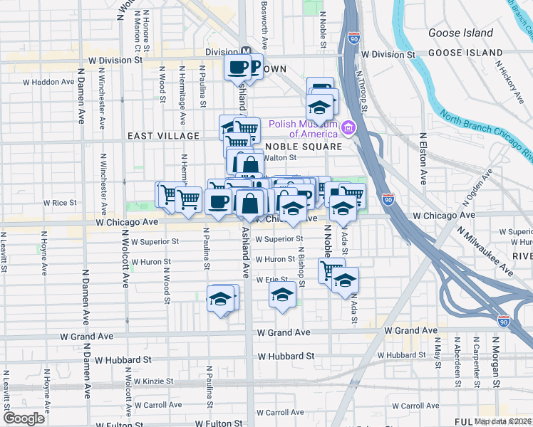 map of restaurants, bars, coffee shops, grocery stores, and more near 1530 West Chicago Avenue in Chicago