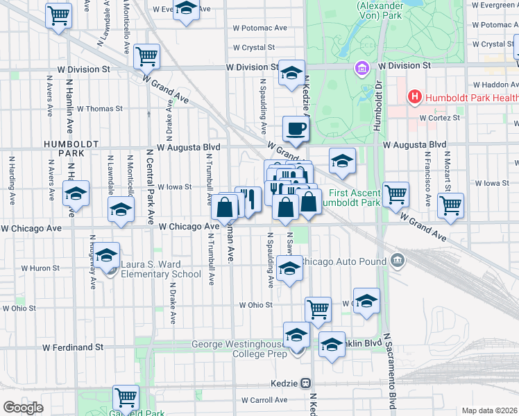 map of restaurants, bars, coffee shops, grocery stores, and more near 815 North Christiana Avenue in Chicago