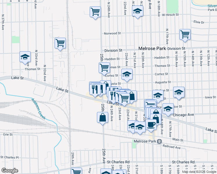 map of restaurants, bars, coffee shops, grocery stores, and more near 1015 North 24th Avenue in Melrose Park