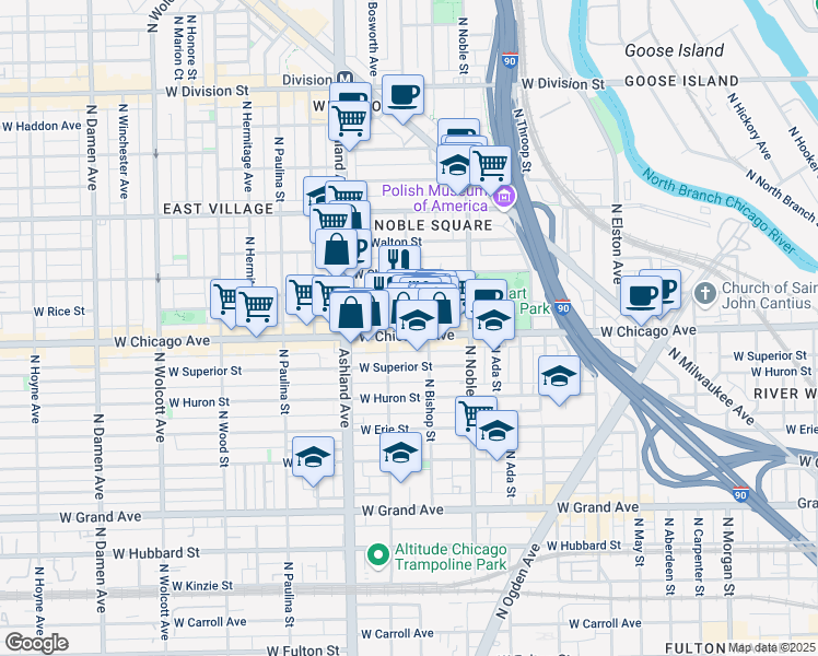 map of restaurants, bars, coffee shops, grocery stores, and more near 1464 West Chicago Avenue in Chicago