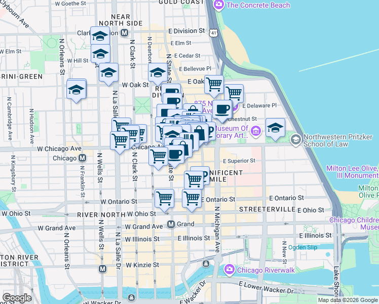 map of restaurants, bars, coffee shops, grocery stores, and more near 747 North Wabash Avenue in Chicago