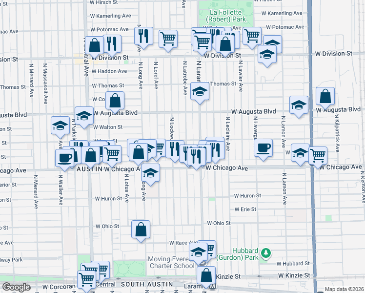 map of restaurants, bars, coffee shops, grocery stores, and more near 5255 West Iowa Street in Chicago