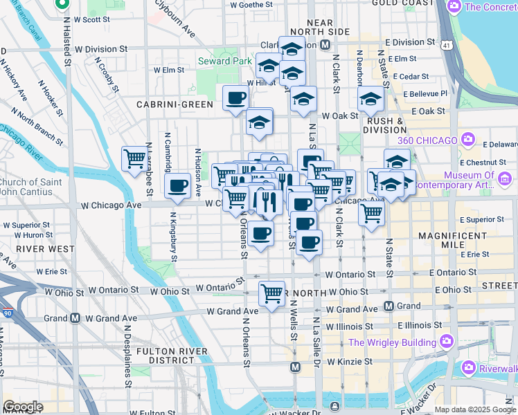 map of restaurants, bars, coffee shops, grocery stores, and more near 324 West Chicago Avenue in Chicago