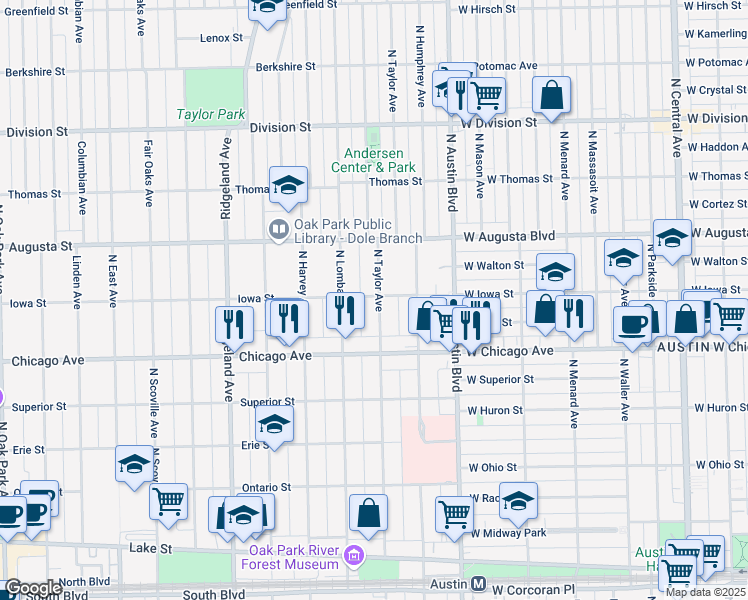 map of restaurants, bars, coffee shops, grocery stores, and more near 115 Iowa Street in Oak Park