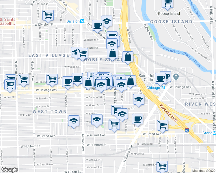 map of restaurants, bars, coffee shops, grocery stores, and more near 810 North Noble Street in Chicago