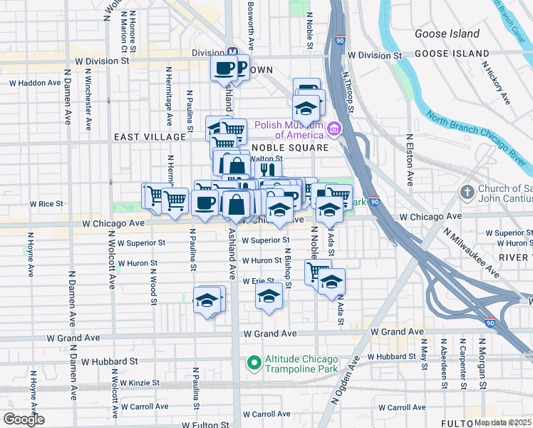 map of restaurants, bars, coffee shops, grocery stores, and more near 1522 West Chicago Avenue in Chicago