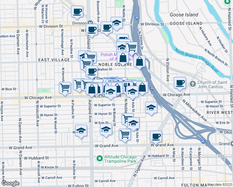 map of restaurants, bars, coffee shops, grocery stores, and more near 802 North Bishop Street in Chicago