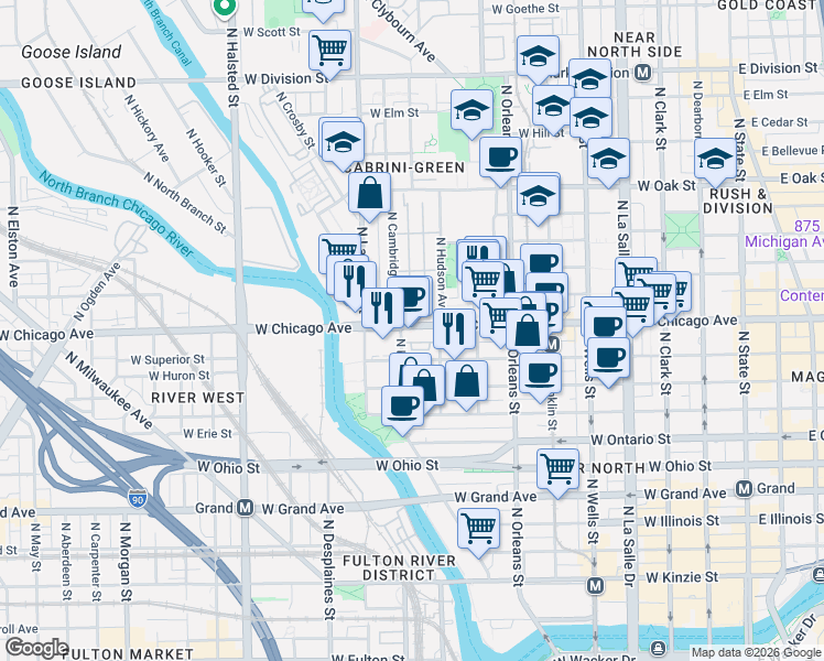 map of restaurants, bars, coffee shops, grocery stores, and more near in Chicago