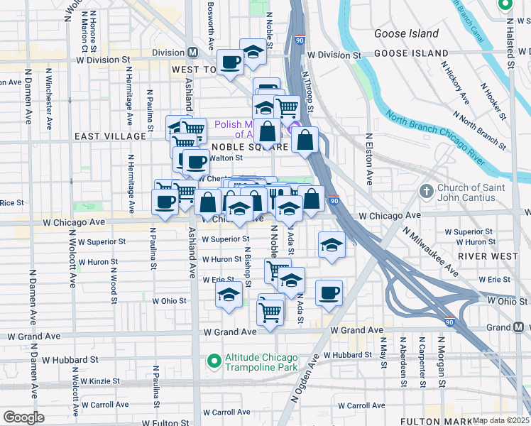 map of restaurants, bars, coffee shops, grocery stores, and more near 810 North Noble Street in Chicago