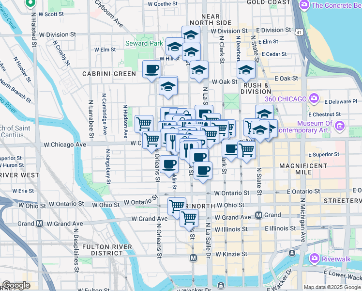 map of restaurants, bars, coffee shops, grocery stores, and more near 201 West Chicago Avenue in Chicago