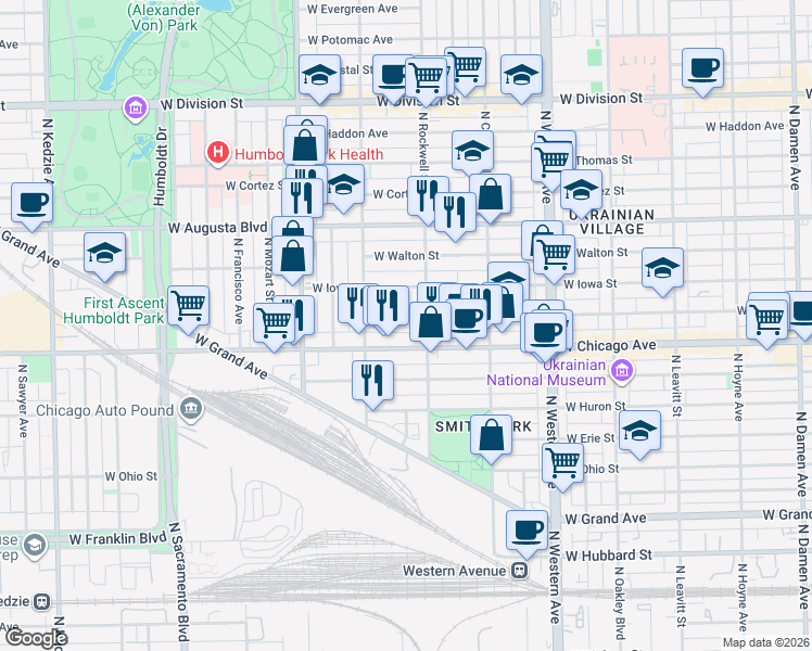 map of restaurants, bars, coffee shops, grocery stores, and more near 2615 West Rice Street in Chicago