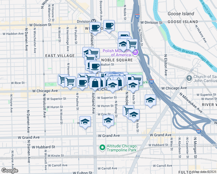 map of restaurants, bars, coffee shops, grocery stores, and more near 1452 West Chicago Avenue in Chicago