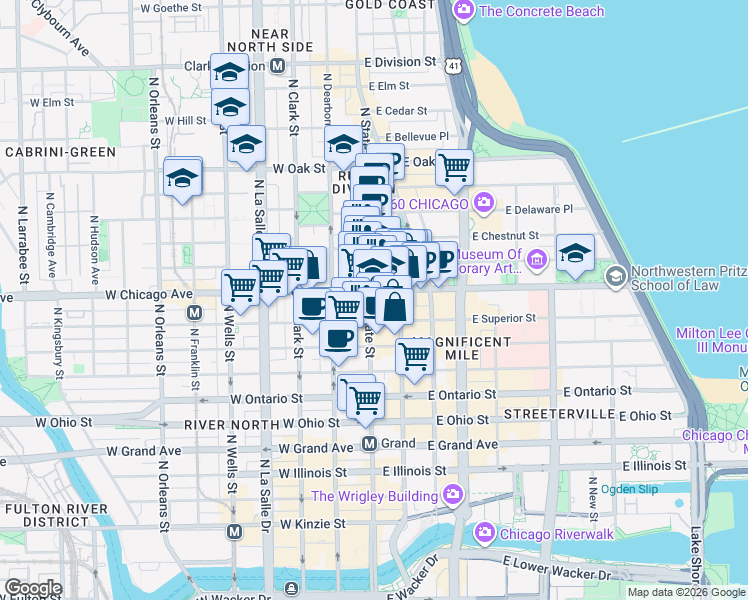 map of restaurants, bars, coffee shops, grocery stores, and more near 751 North State Street in Chicago