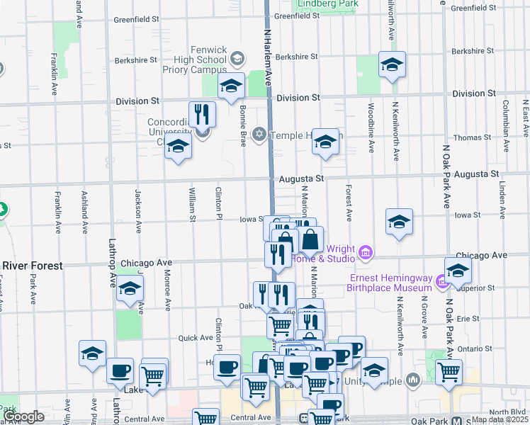 map of restaurants, bars, coffee shops, grocery stores, and more near 906 North Harlem Avenue in River Forest