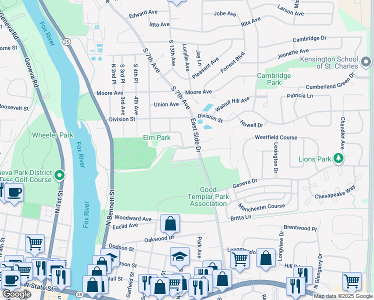 map of restaurants, bars, coffee shops, grocery stores, and more near 602 Illinois Prairie Path - Geneva Spur in Geneva