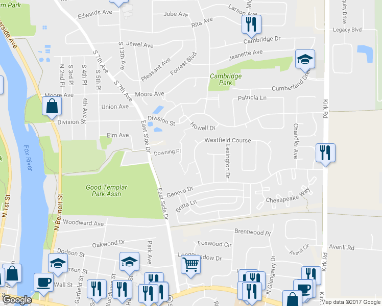 map of restaurants, bars, coffee shops, grocery stores, and more near 654 Westfield Course in Geneva